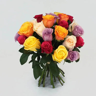 Vibrant Mix, Bouquet, Stylish Presentation, Dark Pink Roses, Yellow Roses, Orange Roses,